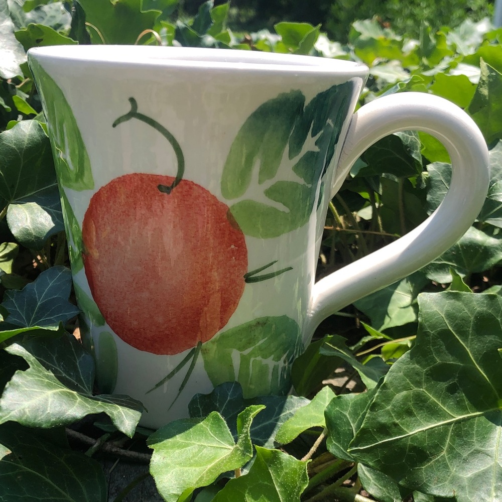White Ceramic Mug with Red Apple and Green Leaf Design